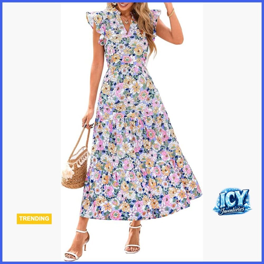 Floral Midi Dress with Cap Sleeves V Neck Ruffle Long Flowy Boho